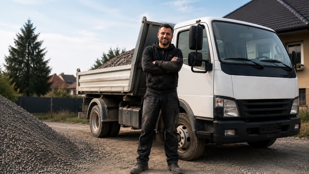 Řidič autodopravy před sklopkou naloženou materiálem